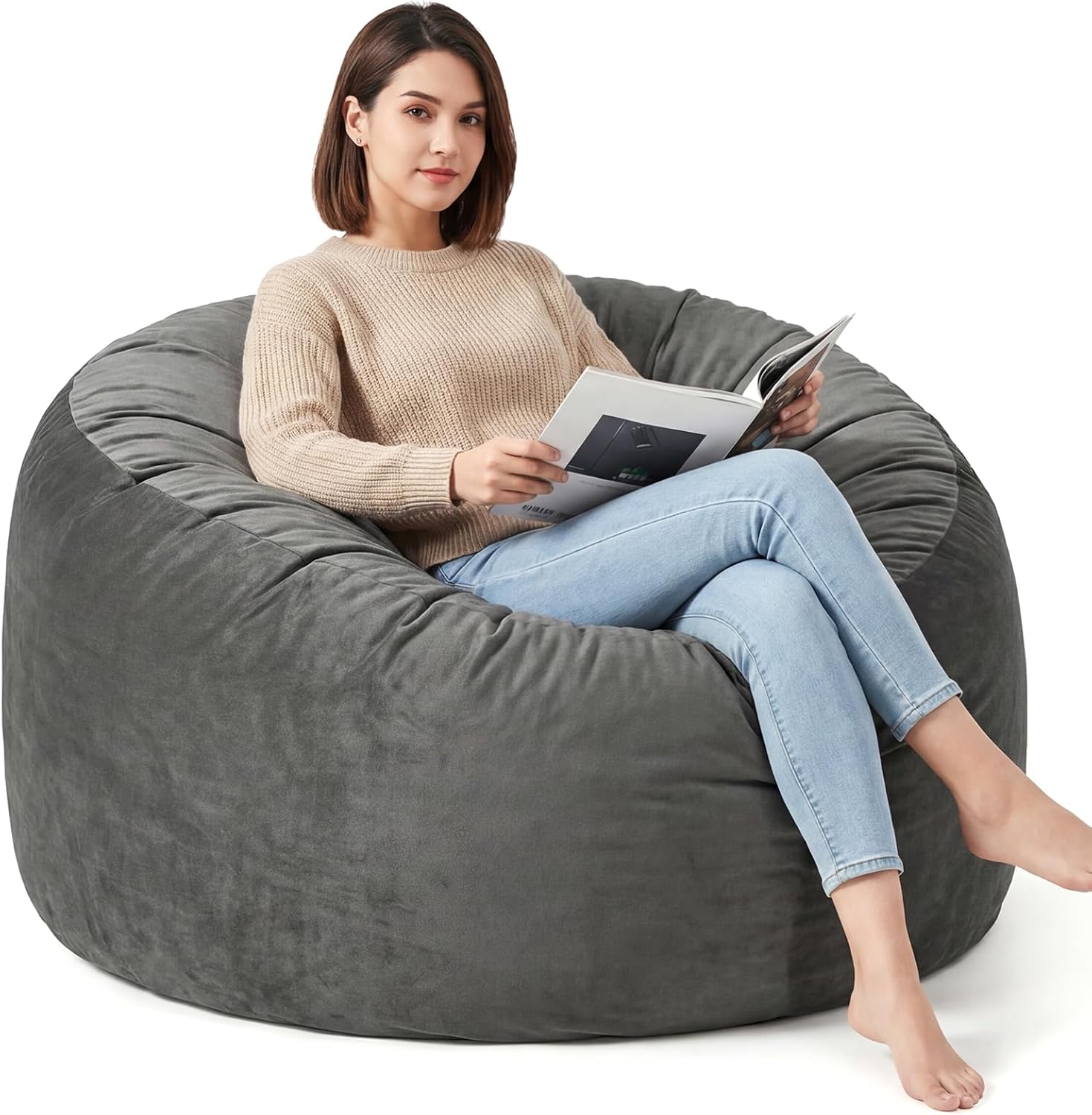 4FT Bean Bag Chair for Adults/Kids, Large Bean Bag with Filling, Memory Foam Bean Bags with Ultra Soft Washable Velvet Cover, Plush Sofa for Living Room, Bedroom and Gaming Room -4 Foot, Grey
