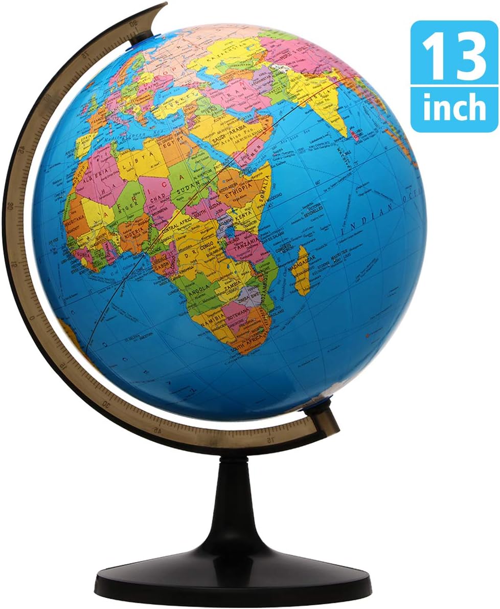 World Globe with Stand, 13'' Educational Geography Globe Gifts Decoration for Students, Geography Teachers, Easy to Rotate