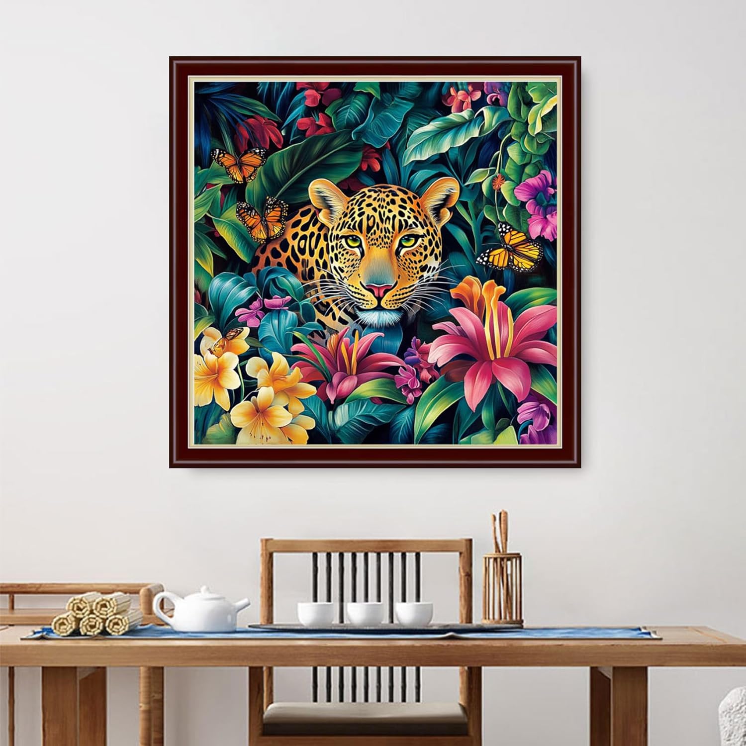 Dimensean Stamped Cross Stitch Kits Full Range of Embroidery Patterns Starter Kits for Beginners Adult DIY Cross Stitches Needlepoint Kits 11CT-Leopard in Flowers 18x18 inch