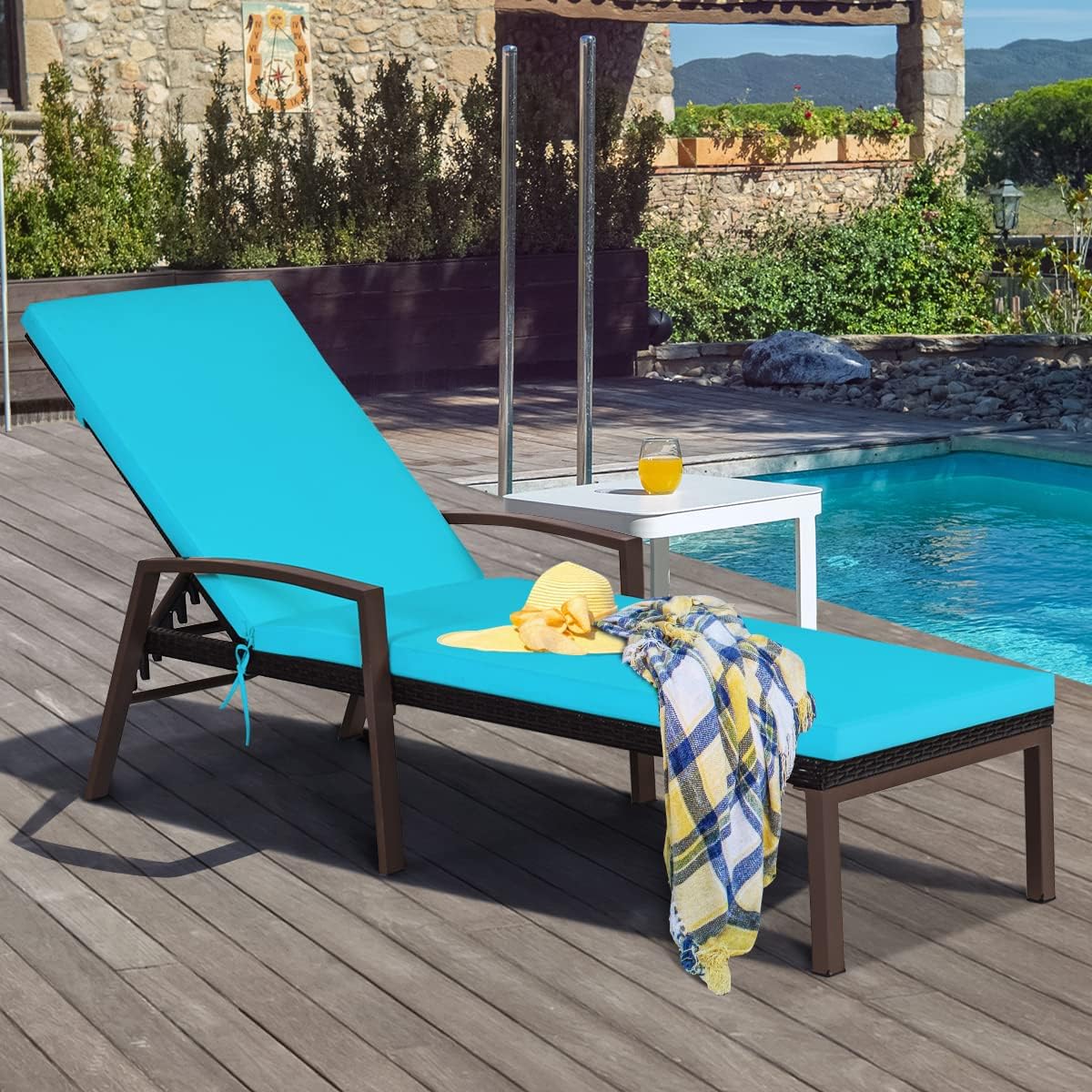 HAPPYGRILL 2 Pieces Patio Chaise Lounge Chair Outdoor Rattan Wicker Lounge Set Adjustable Backrest Poolside Chaise with Soft Cushions for Beach Pool Backyard Balcony