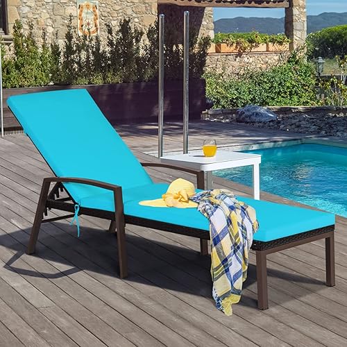 Miniatura 5 de HAPPYGRILL Juego de 2 tumbonas para patio al aire libre, mimbre de ratán, respaldo ajustable, tumbona junto a la piscina con cojines suaves para