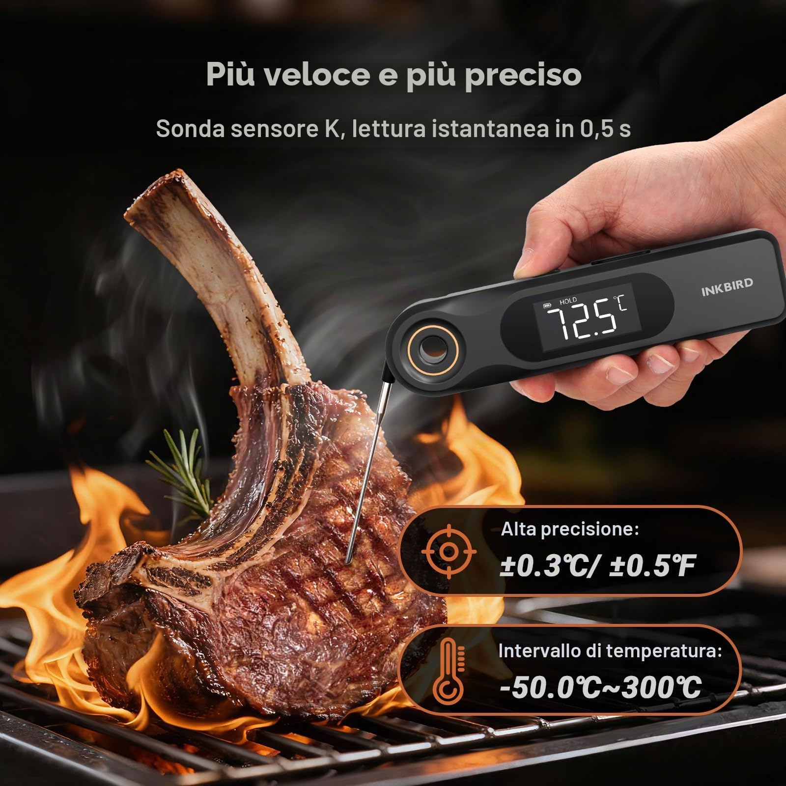 INKBIRD Termometro Alimentare a Lettura Istantanea a Doppio Display,Due Schermi,Risposta Super Rapida 0,5 Sec,Impermeabile IP65 Corpo Intero,Ideale per Cucina, Grigliate,Forno,Preparazione Bevande