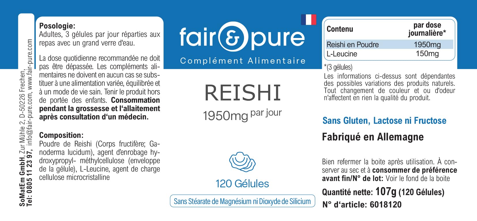 Fair & Pure® - Capsule di Reishi 1950 mg - 120 capsule - Ganoderma lucidum - Fungo medicinale - Altamente dosato - Vegano