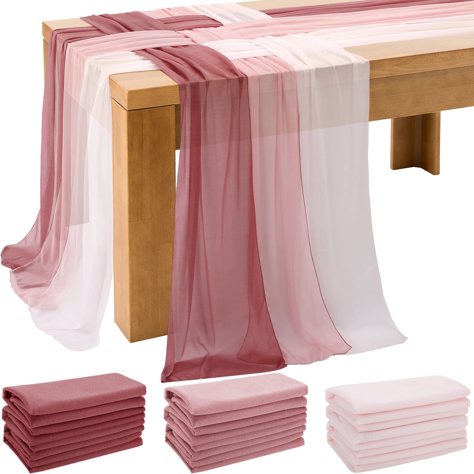 Tudomro 12 Pcs Chiffon Table Runner 10 Ft, 15 x 120 Inch Sheer Wedding Decorations Romantic Table Runner for Sweetheart Table Birthday Wedding Party