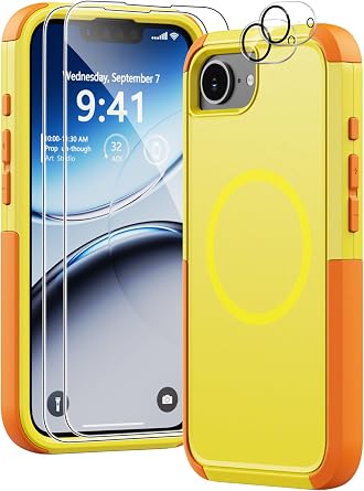 Heavy Duty Case for iPhone 17e & iPhone 16e - Military Grade Drop Proof Protective Cover [Compatible with MagSafe],with Screen Protector, Shockproof, Anti-Slip Yellow
