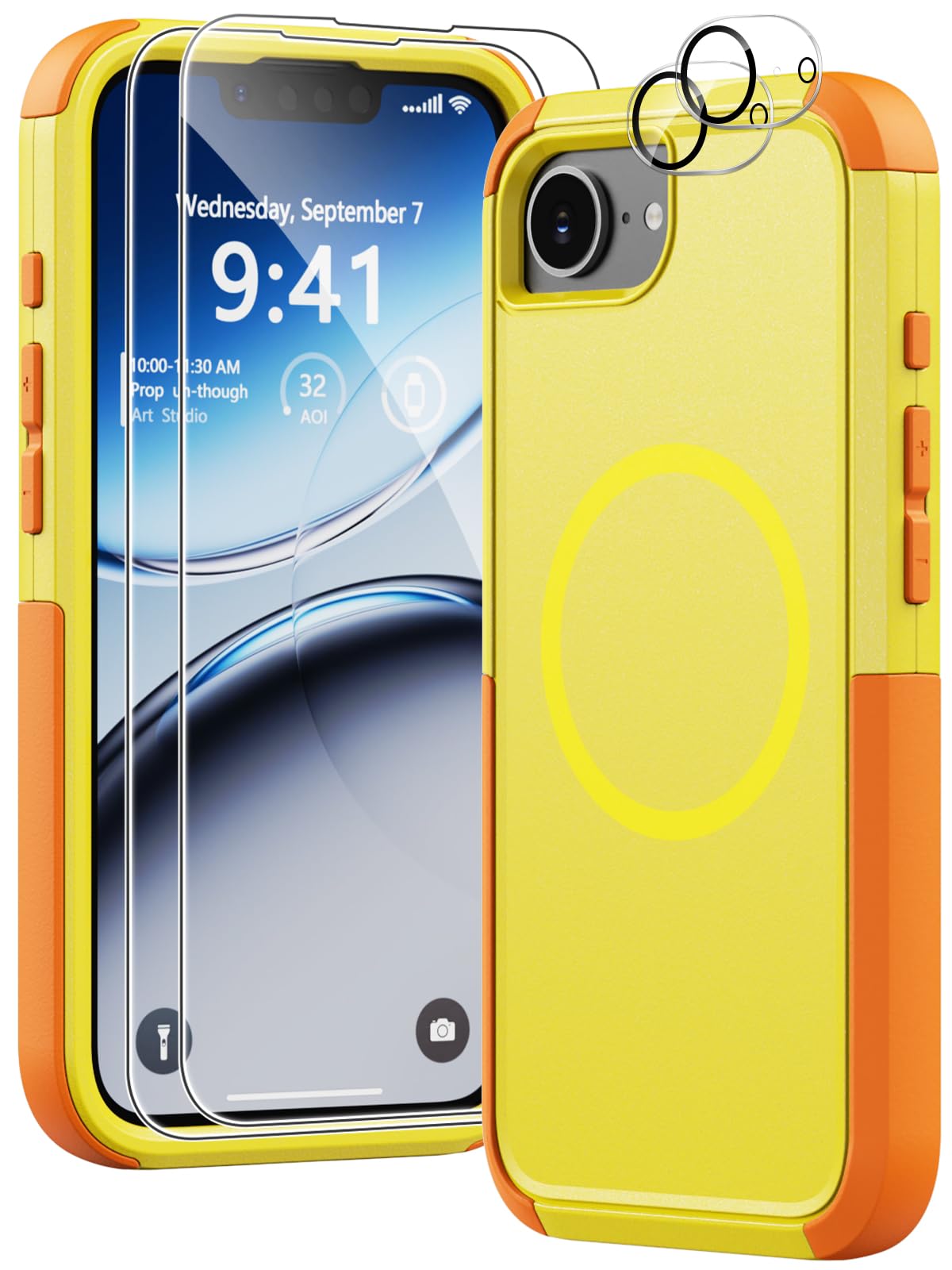 Custodia resistente per iPhone 17e e iPhone 16e, custodia protettiva di grado militare a prova di caduta [compatibile con MagSafe], con pellicola protettiva, antiurto, antiscivolo (giallo)