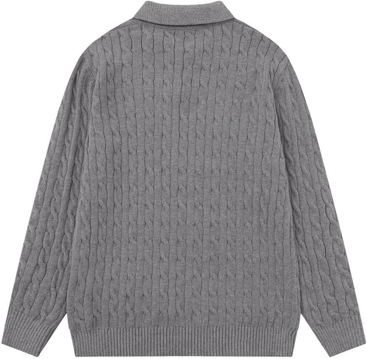 Bakyarder Unisex Cable Knit Polo Sweater Long Sleeve Textured Knit Pullover with Collar