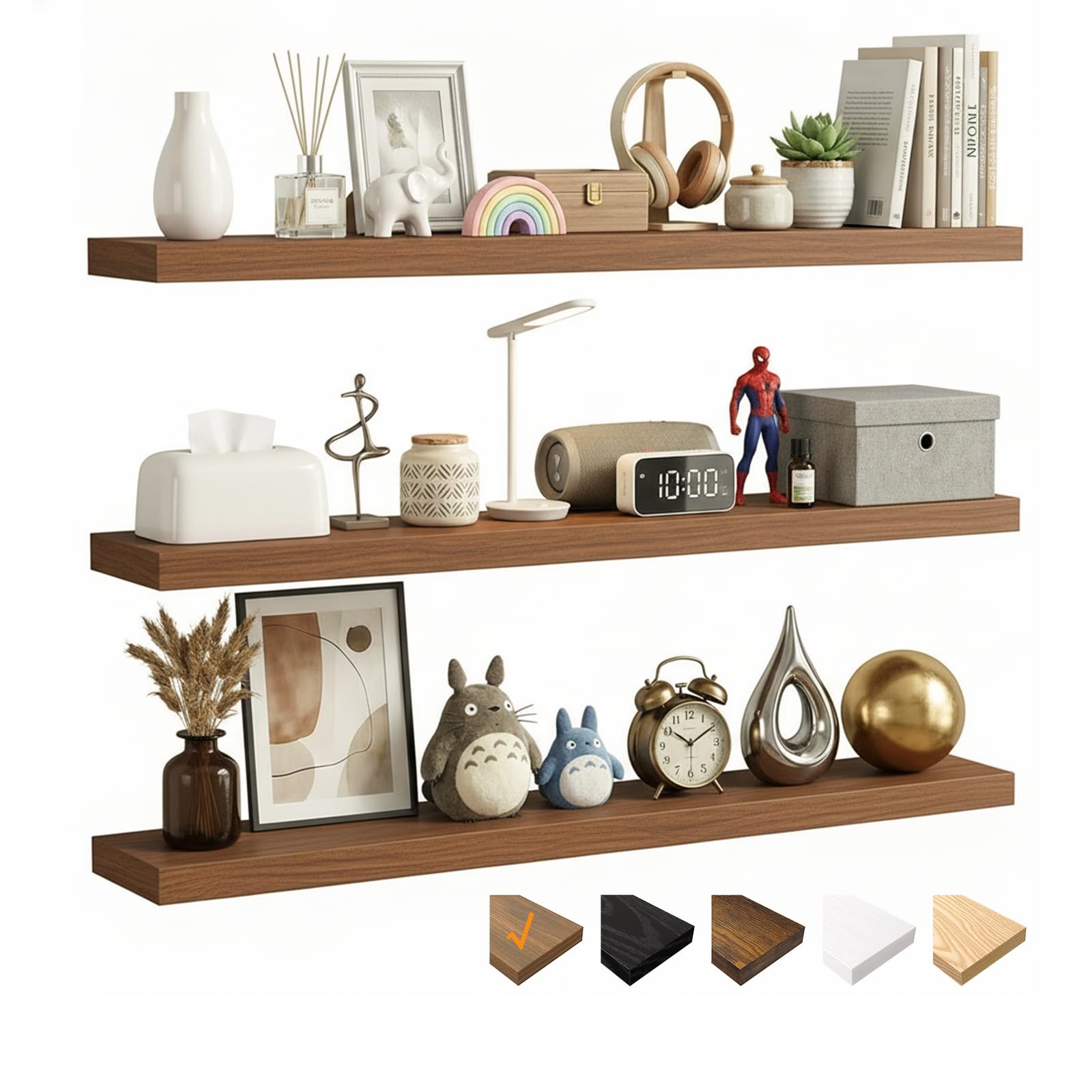 RICHER HOUSE 80cm Floating Shelves for wall, Walnut Wall Shelves with Invisible Brackets, Wooden Shelves MDF for Bathroom, Bedroom, Office, Living Room, Kitchen, Set of 3, 80 x 23.5 x 3.8 cm