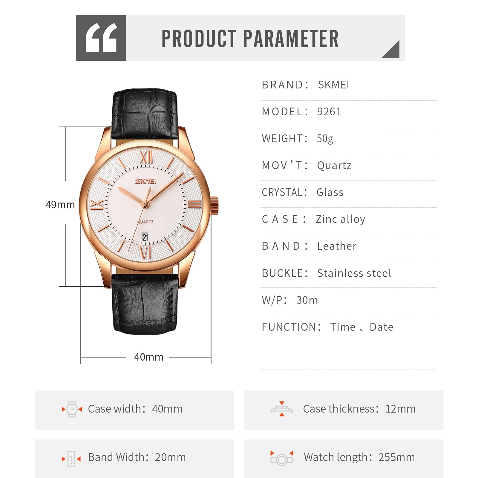 SKMEI Orologio Uomo Classico Pelle, Analogico Quarzo Con Datario, Impermeabile 30m, Regalo Natale Compleanno