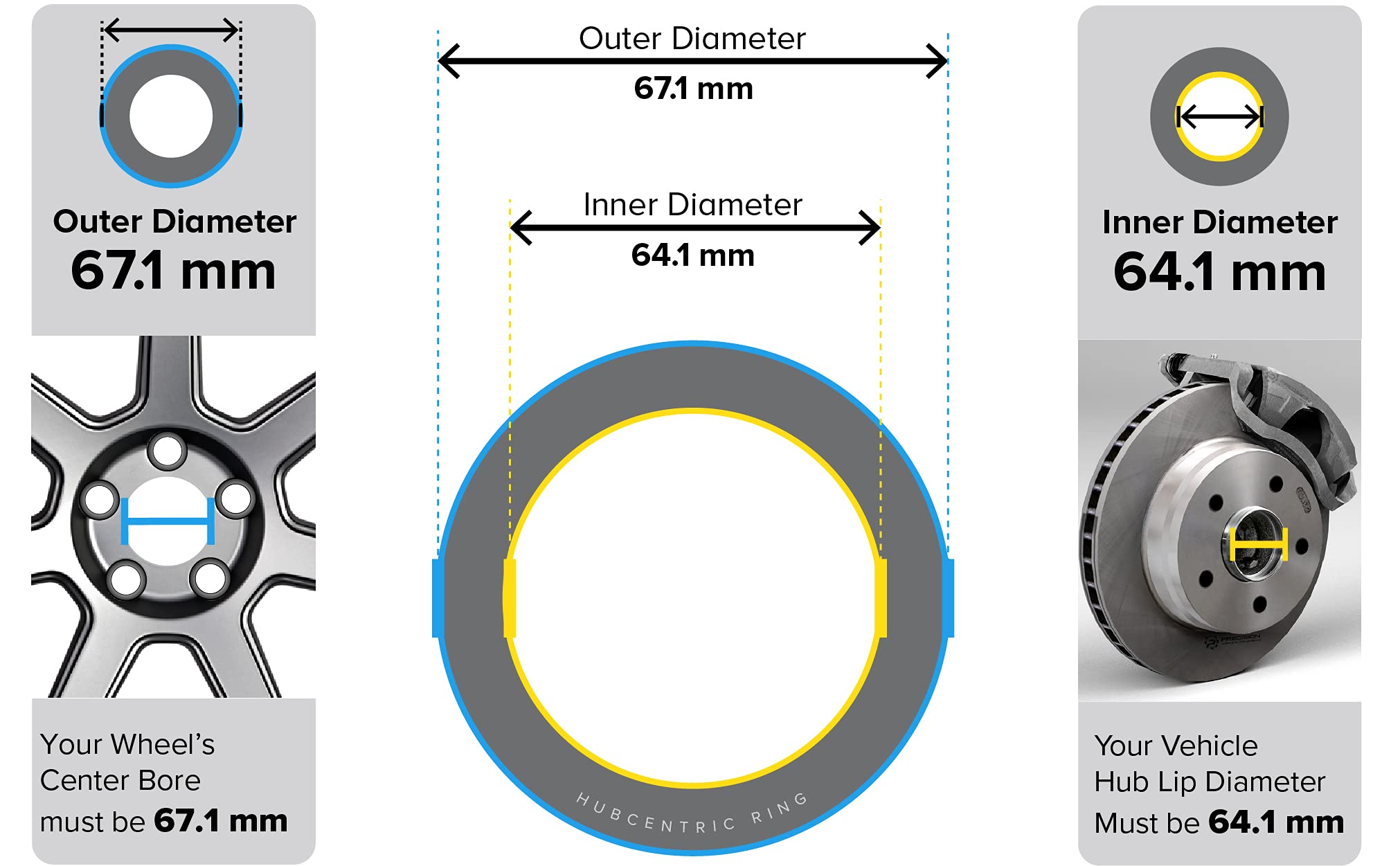 Hubcentric Rings (Pack of 4) - 64.1mm ID to 67.1mm OD - Black Poly Carbon Plastic Hubrings Hub - Only Compatible with Honda Acura with 64.1mm Vehicle Hubs and 67.1mm Wheel Centerbore — view 3