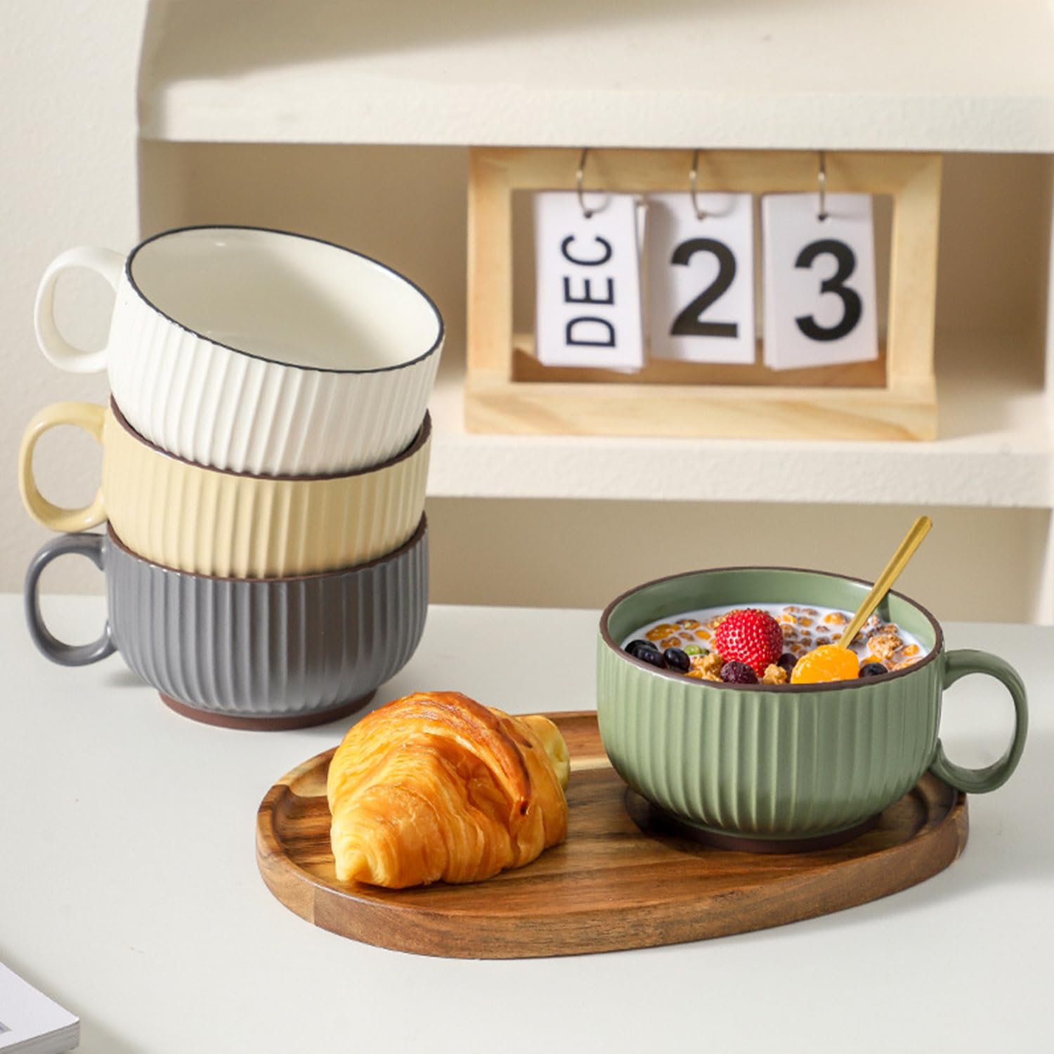 Taza de sopa con tapa, 450 ml, tazón de sopa para microondas, taza de sopa de cerámica pequeña (gris)
