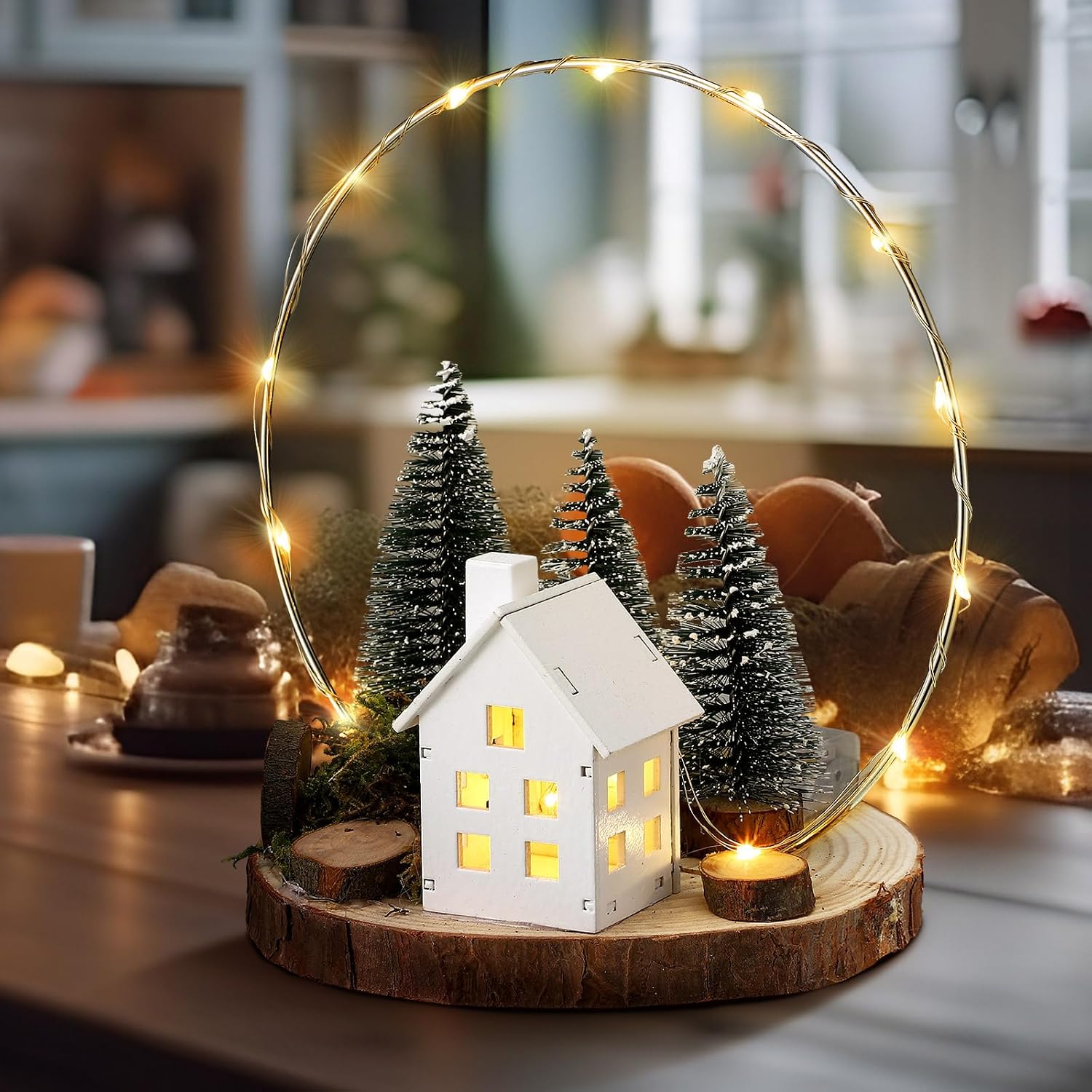 Cinnvoice Christmas Tabletop Decoration Wooden Lighted Christmas Village House with Xmas Trees 9x7.8 Inch Battery Operated for Xmas Winter Holiday Party Indoor Fireplace Desk Table Decoration Gift