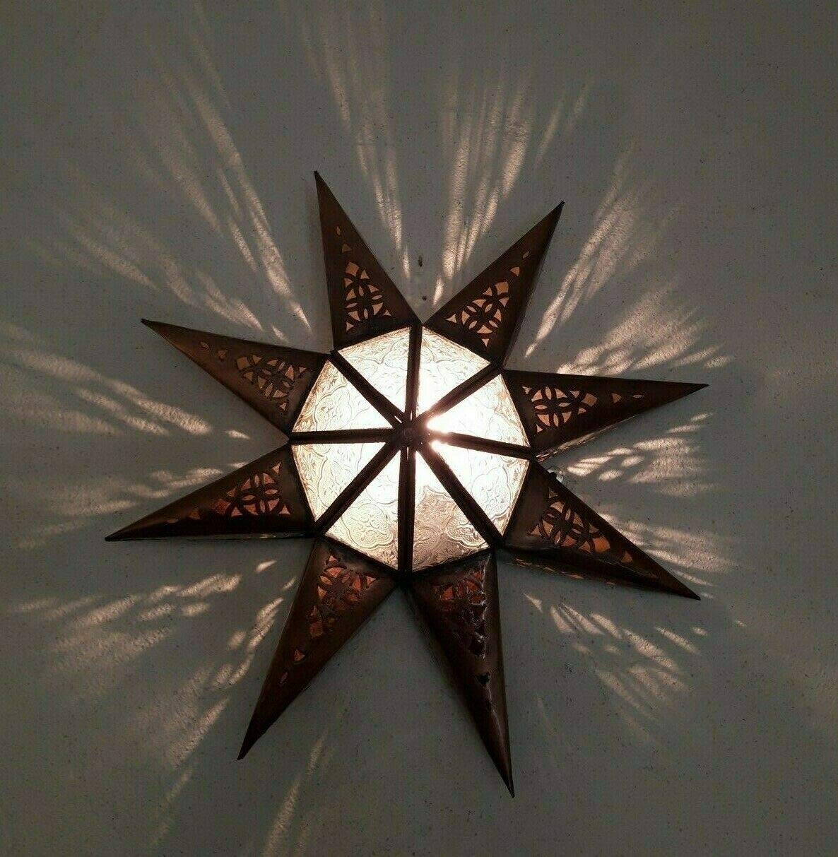 Aplique de pared marroquí, hierro cincelado patinado, estrella lustre farol luz de pared
