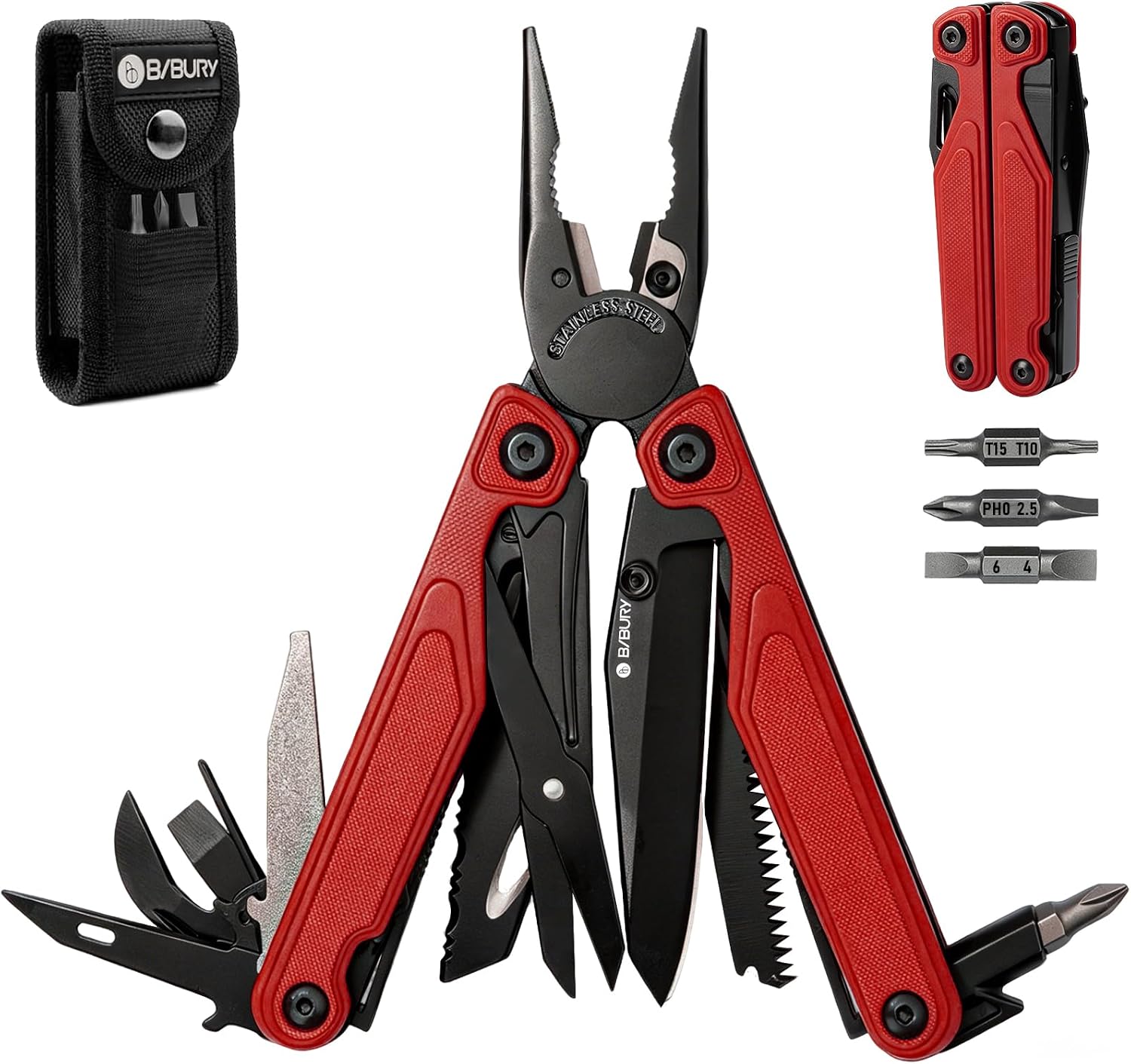 BIBURY 25-in-1 Multitool Multifunction Pliers YG12 Carbide Cutter G10 Handle 3Cr13 Stainless Steel Outdoor Camping Tool with Bit Set and Nylon Bag for Bike DIY and Repair