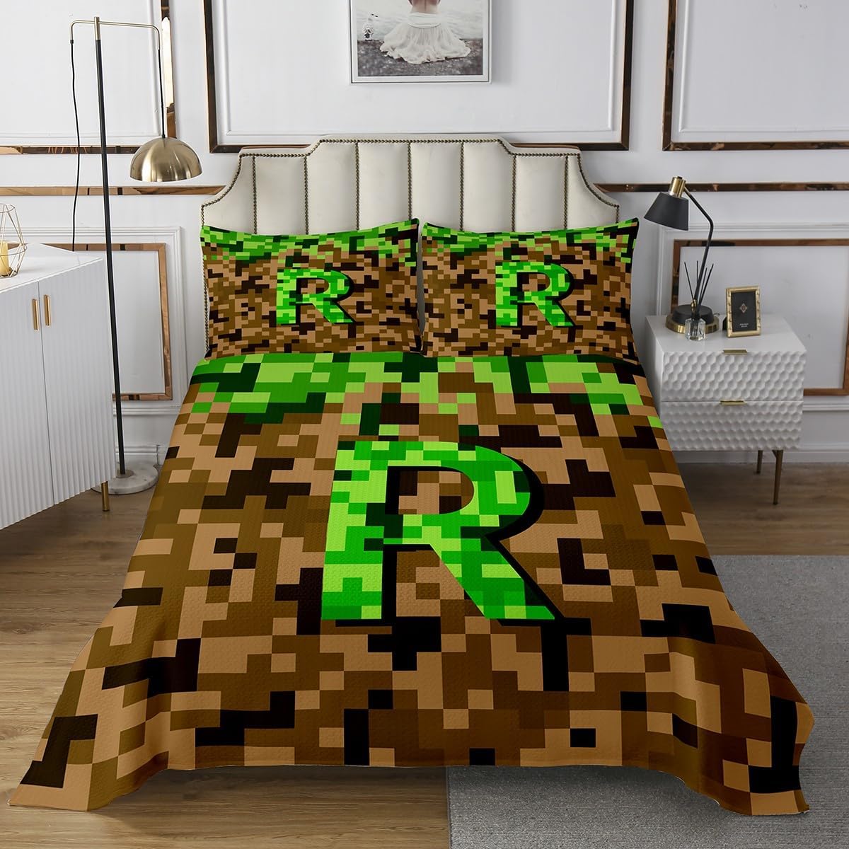 Castle Fairy Pixelated Letter X Bedspread Twin Size,Miner Style Games Bedding Sets 2Pcs for Kids Girls Boys Room Decor,Brown Green Block Comforter Set Modern Alphabet Quilt Coverlet,1 Pillowcase
