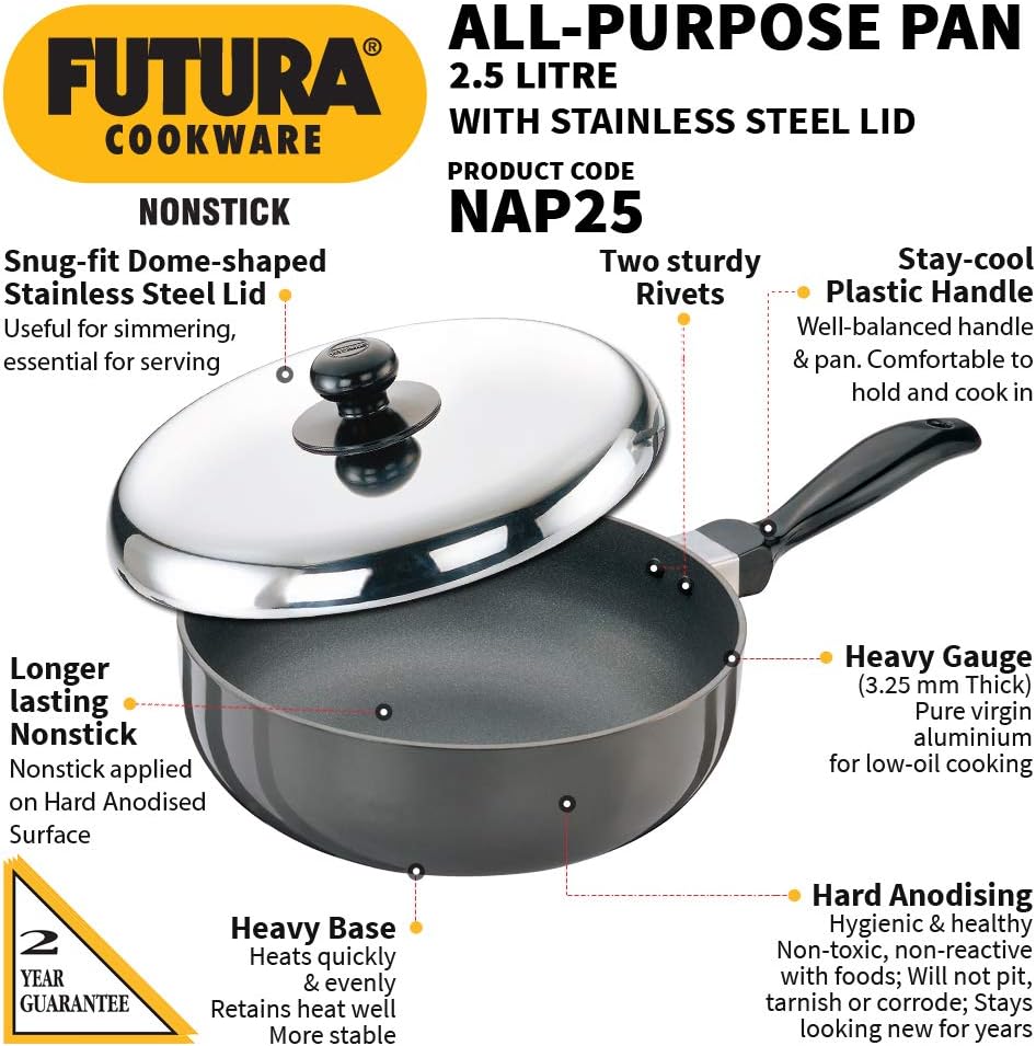 Hawkins Futura Nonstick All-Purpose Pan 2.5L, 22 cm, 3.25 mm with SS lid