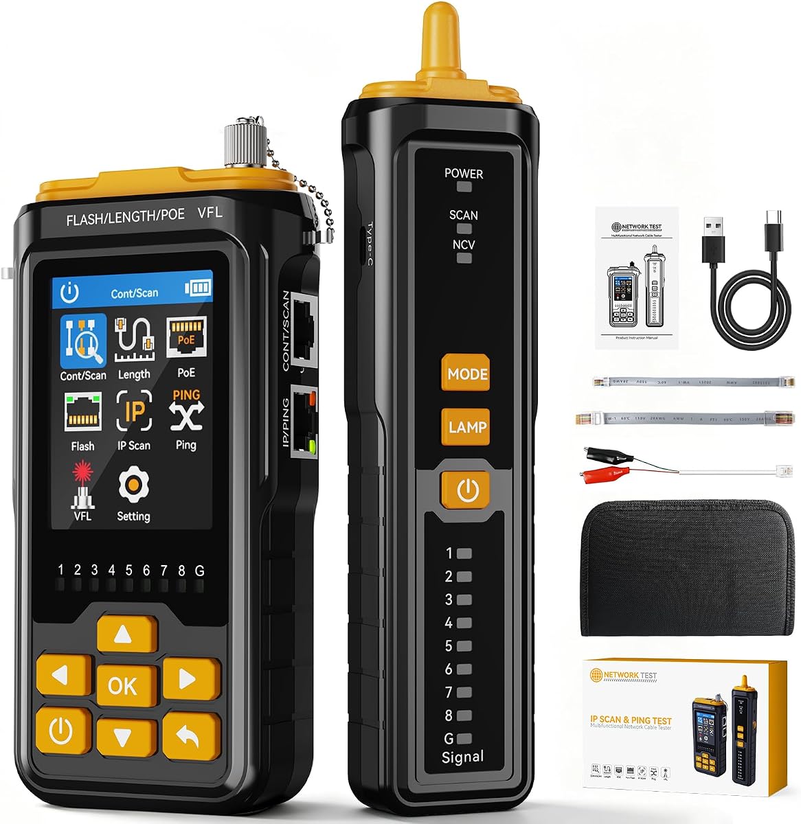 Probador de cable de red con prueba de ping de escaneo IP, probador de cable Ethernet, rastreador de cable RJ45 y tóner de cable para CAT5 CAT6 CAT7 con probador PoE, herramienta de prueba de red para VFL, NCV, prueba de longitud e intermitencia de puerto