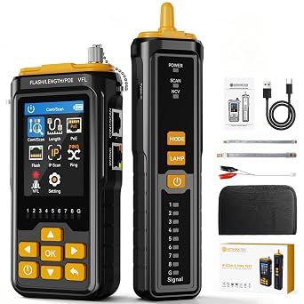 Network Cable Tester with IP Scan Ping Test, Ethernet Cable Tester, RJ45 Wire Tracer & Cable Toner for CAT5 CAT6 CAT7 with PoE Tester, Network Test Tool for VFL, NCV, Length Test and Port Flashing