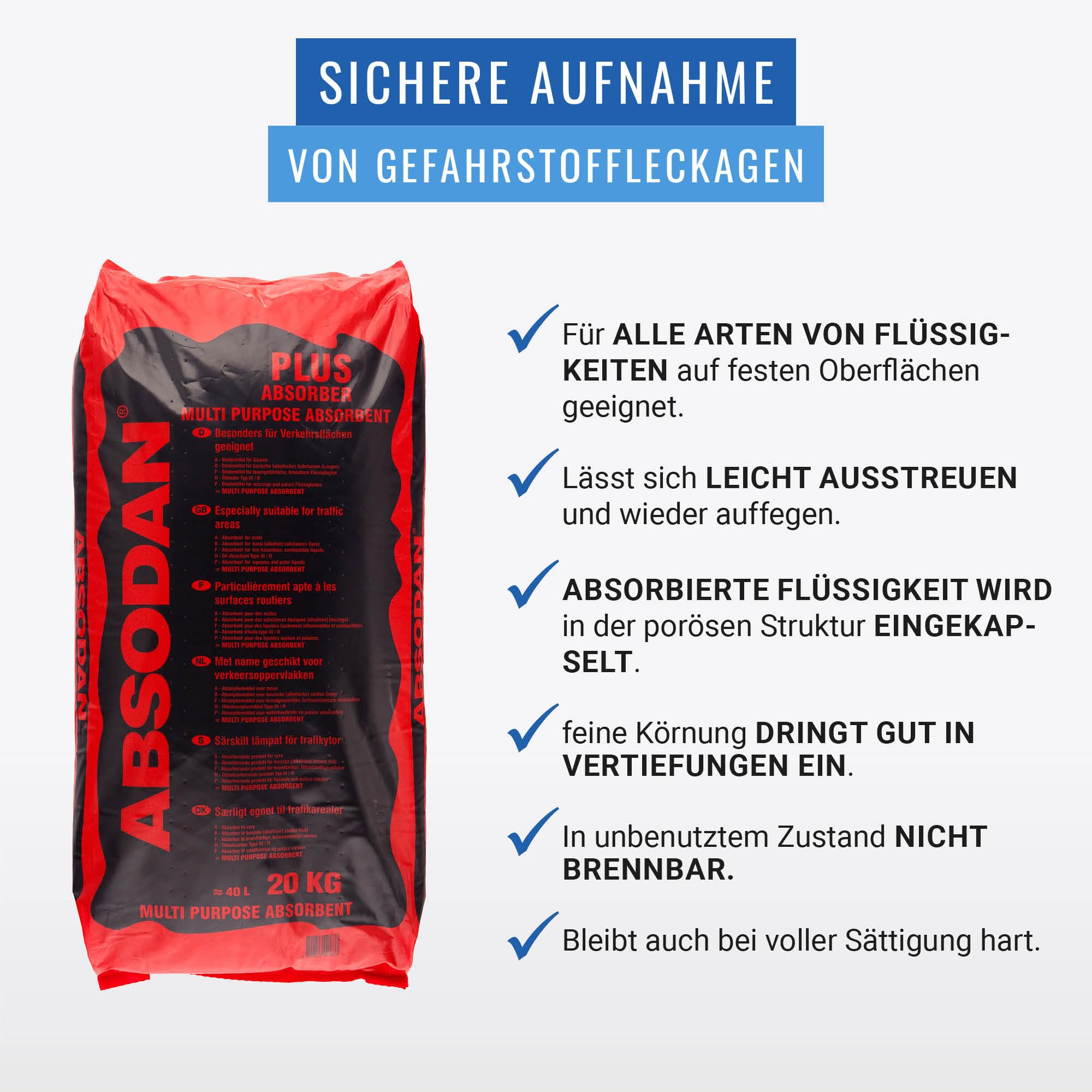 DENSORB Universalbindemittel Absodan Plus, ölbindemittel, Granulat für die Aufnahme aller Arten von Flüssigkeiten, Ölbinder Typ III R, 20 kg