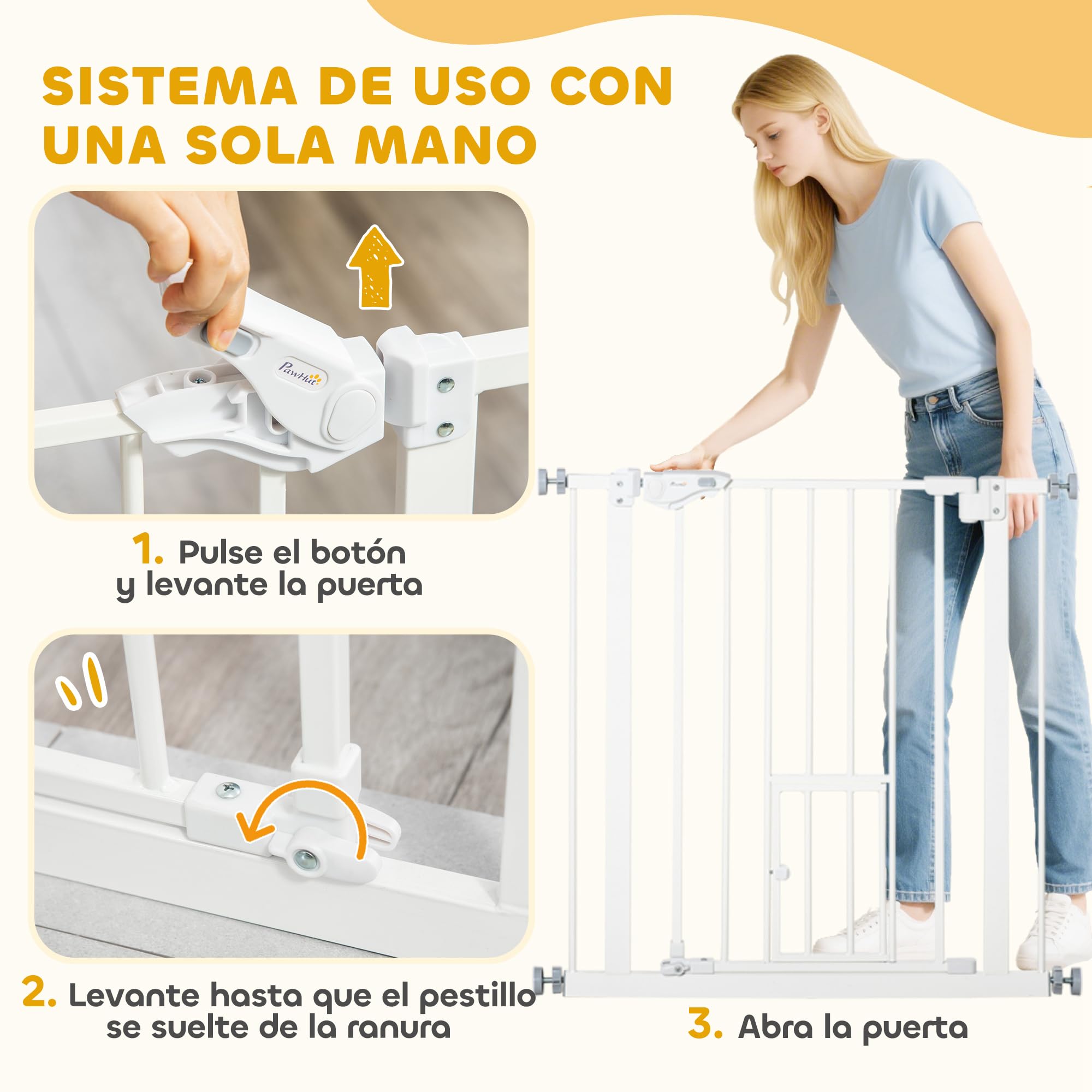 PawHut Barrera de Seguridad para Perros Barrera para Mascotas Extensible con Puerta Pequeño Cierre Automático y Sistema de Doble Bloqueo para Puerta Pasillo Escalera 74-80x76,2 cm Blanco