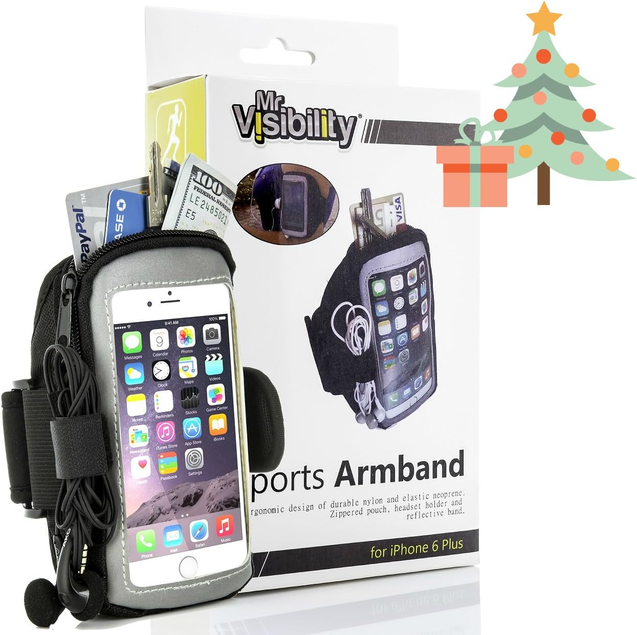 iPhone 6 Plus Armband Otterbox for Running/Workout/Exercise. Sports Armband for iPhone 6 Plus, Galaxy S5/S6, Note 3/4, LG G3, Nexus 6. Reflective Zip Pouch for Cards, Money, Key by Mr Visibility