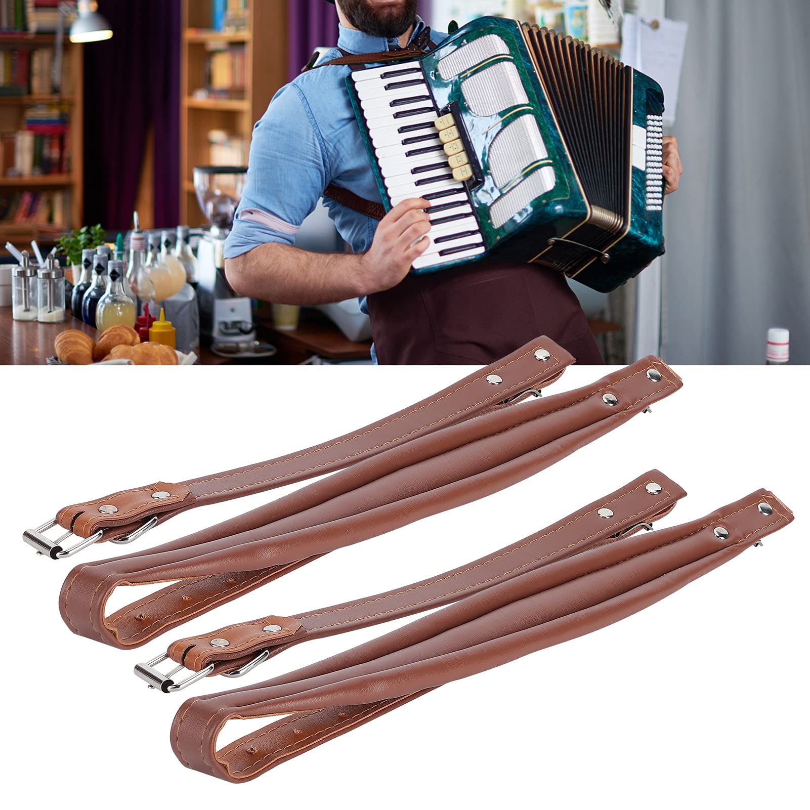 LiebeWH 2Pcs Akkordeon Schultergurte 83-110cm Verstellbare Akkordeon Gurt PU Lederriemen Zubehör mit Stabilen Schnallen für 16-120 Bass Coffee