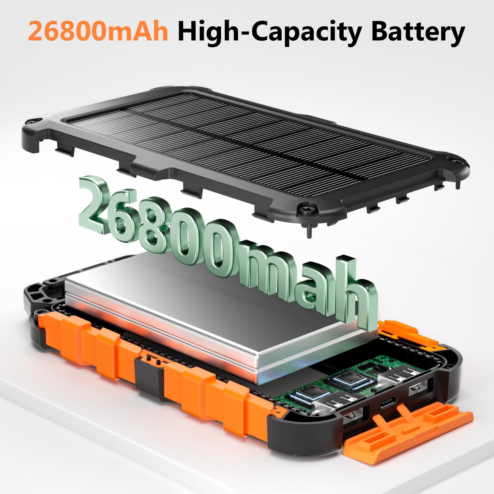 Batterie Externe Solaire 26800mAh, PD15W Chargeur Solaire Power Bank Portable USB C 3A Charge Rapide avec 3 Ports, Câbles et Lampe pour Smartphone, Tablette, Camping et Plus (Orange)