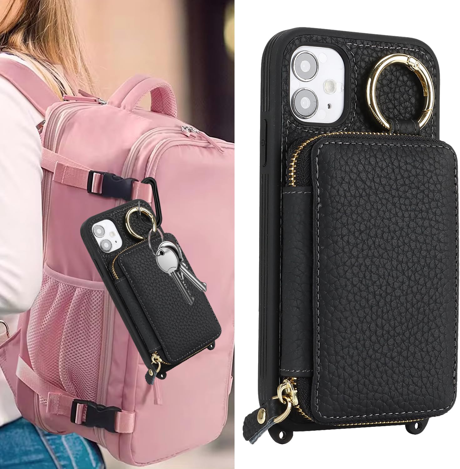 Cavor Genuine Leather for iPhone 11 Wallet Case with Card Holder for Women Men,for iPhone 11 Case with Strap, Crossbody Lanyard and Wristlet Zipper Phone Case-Black