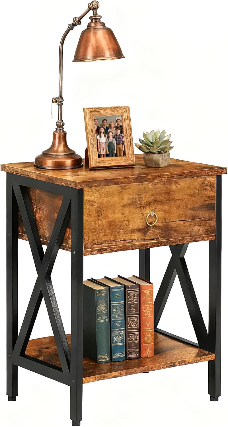JMLHMXC Nightstands Industrial Bedside End Tables with Drawer and Storage Shelf,Small Side Table for Bedroom, Living Room, Sofa Couch,Brown
