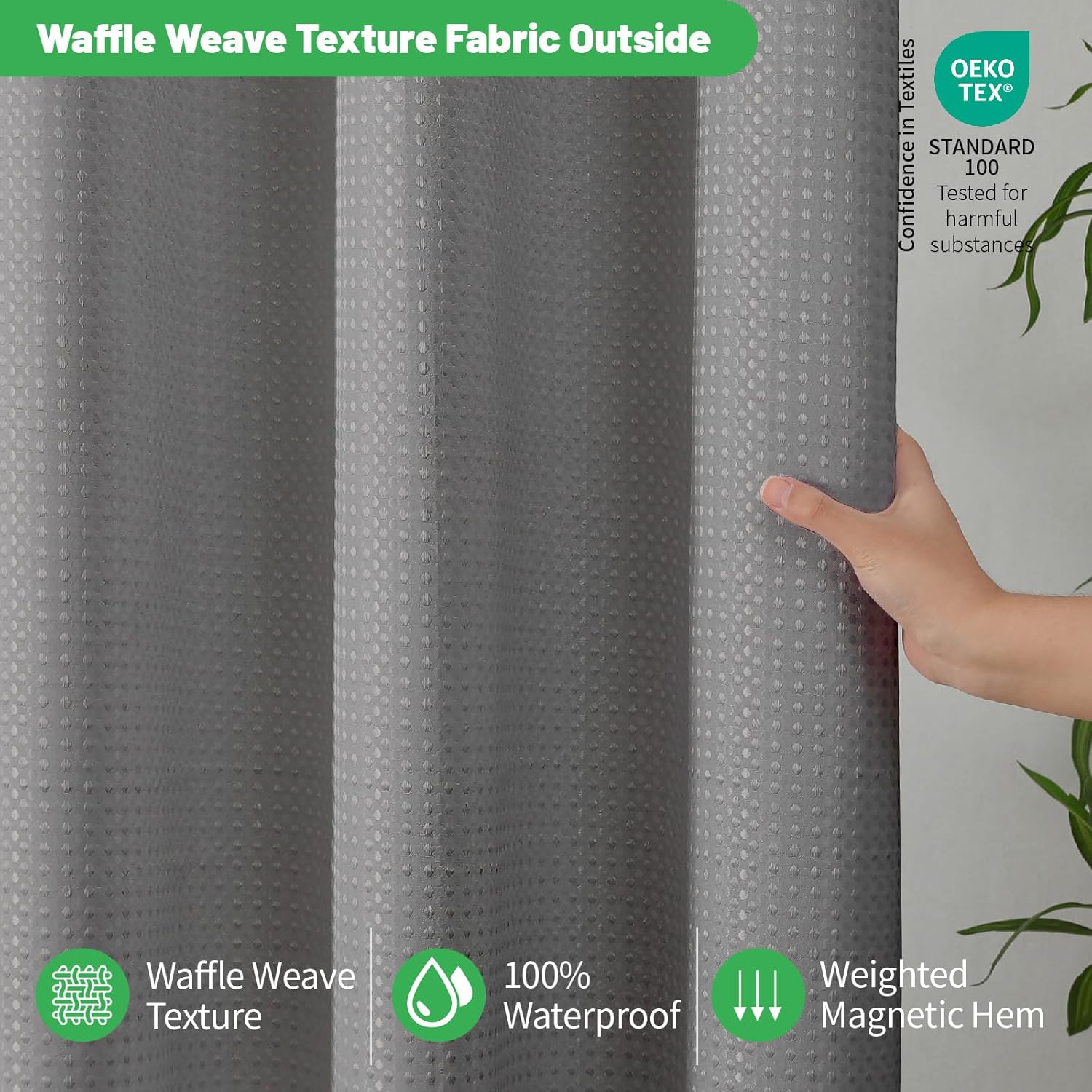 eachope No Hooks/Liner Needed - Waterproof 3-in-1 Hotel Waffle Weave Shower Curtain, Machine Washable, Magnetically Weighted Hem, 71"x74" Grey for Bathroom