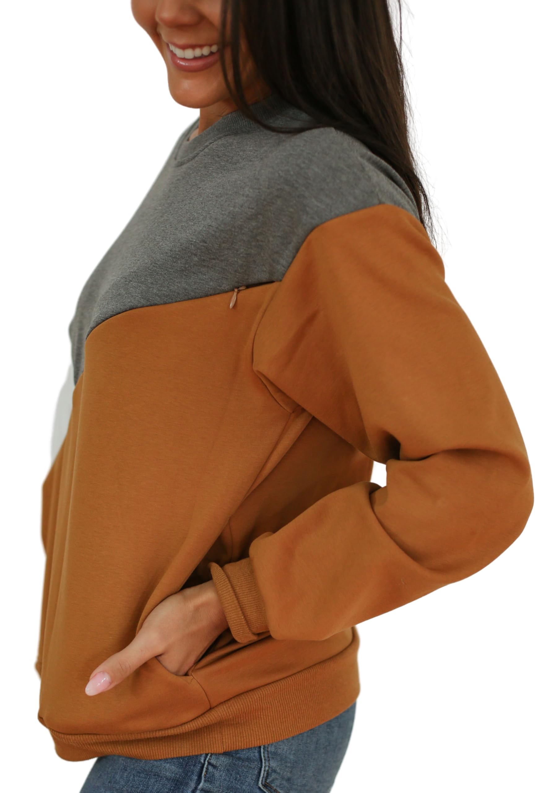 Movemama Damen Still-Sweatshirt Colorblock diagonaler Reißverschluss Velours-Innenseite
