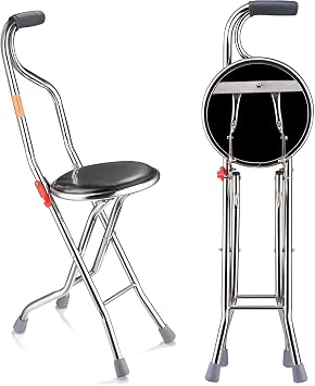 Folding Walking Stick with Seat, Stable Cane Chairs for Adults Eldely, Four Legged Portable Cane Seat Stool for Travel Hiking Waiting