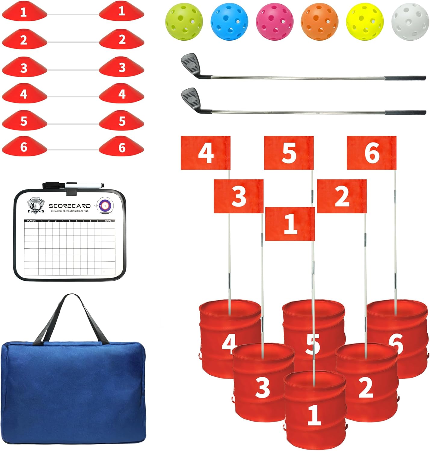 Golf Bucket Yard Game - Outdoor Lawn Games for Adults and Family with 2 Golf Bucket Club, 6 Hole Golf Course, Balls and Flag - Adult Golf Chipping Games for Backyard Beach Park Camping and Hotel 2 Clubs 6 Holes