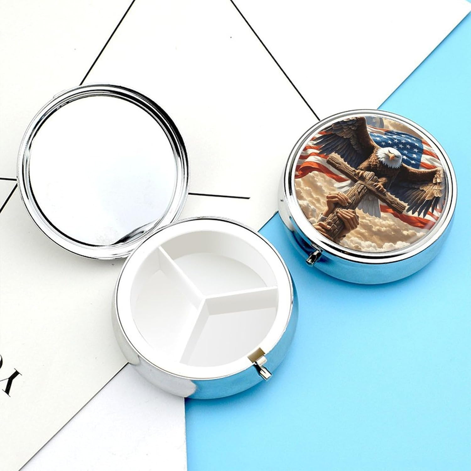 Eagle Cross Round Pill Box with 3 Compartments & Mirror image 3