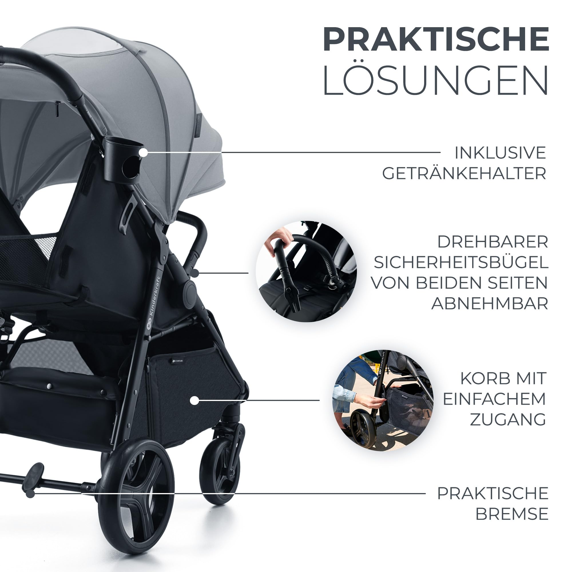 Kinderkraft RINE Buggy bis 22 kg, Kinderwagen, Mit einer Hand zusammenklappbar, wasserfestes Verdeck mit UPF50+ Filter, liegende Position, Getränkehalter im set, Grau