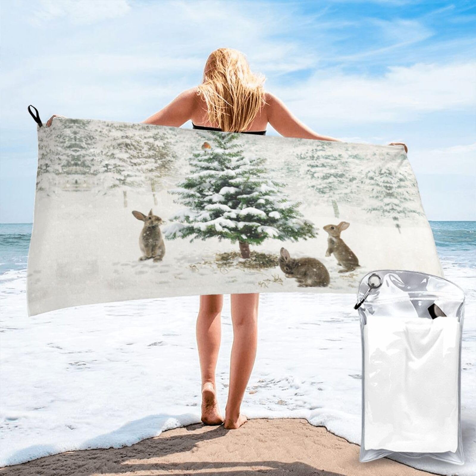 ZYvia Rubbits and Xmas Tree Microfiber Travel Towel, Lightweight and Quick-Drying Beach Towel, Suitable for Outdoor Camping, Travel, Swimming, Gym, Home, Etc.31.5"X63"