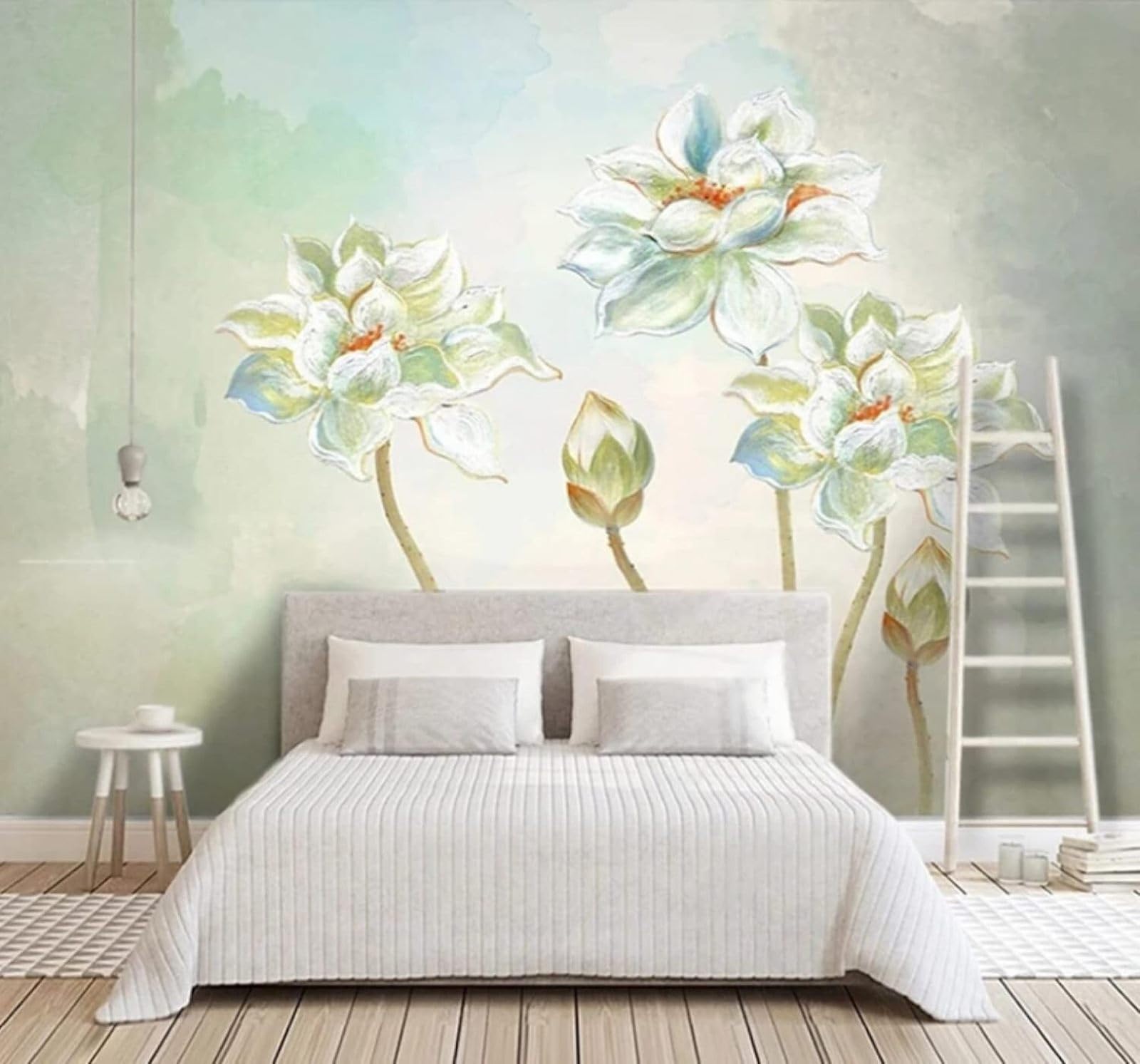 Xlming 300Cm×210Cm(B×H) Fresh Retro Hand Drawn Watercolour Lotus 3D Wallpaper Luxury Silk Study Dining Feature Sofa Grey Bedroom Living Room Tv Decorative Wall-300Cm×210Cm