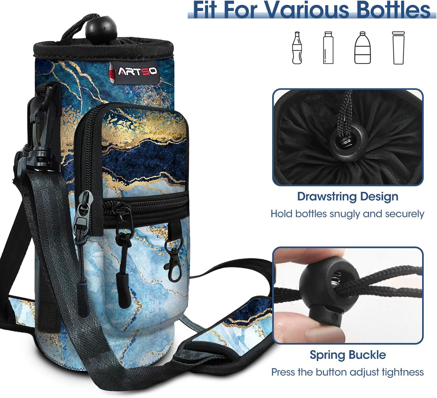 ARTSO Water Bottle Carrier Bag Sling Holder Pouch, 25oz 32oz 40oz 64oz Insulated Water Bottle Sleeve Case Cover with Adjustable Shoulder Hand Strap Pocket for Men Women Hiking Camping, Blue Marble - Image 3