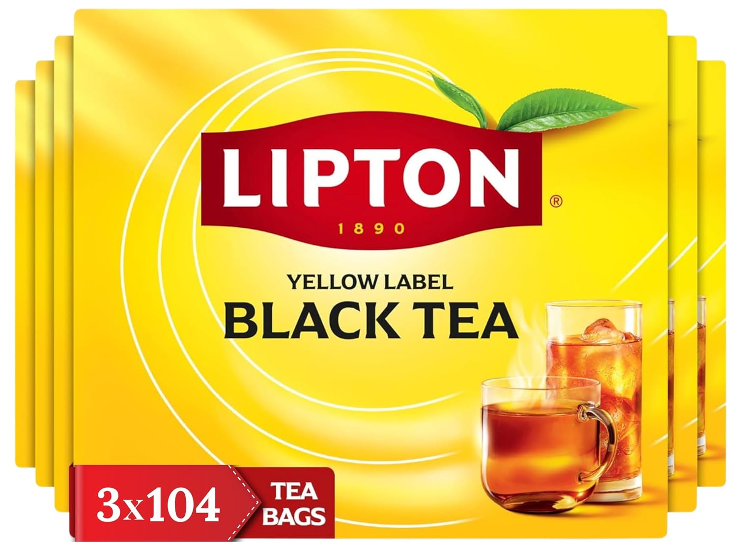Lipton Black Tea Bags, High Caffeine Hot or Iced Tea, Smooth & Flavorful Blend, 104 Count (Pack of 3) – 312 Total Tea Bags