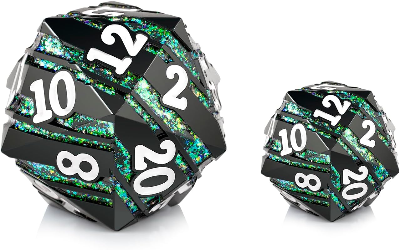 D20 Dice Metal DNDND 33mm Large Metallic Dice with Gorgeous Gift Box for Dungeons and Dragons (Green Stripe)