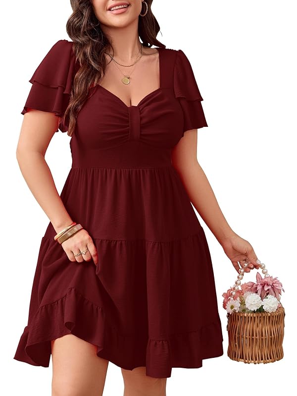 SCOMCHIC Women's Plus Size Summer Dresses Short Sleeve Sweetheart Neckline A Line Cocktail Boho Cute Mini Short Dress Burgundy by SCOMCHIC - Used condition - US$39.99