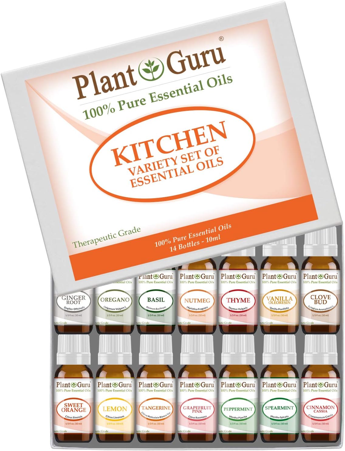 Kitchen Essential Oil Set 14-10 ml. 100% Pure Therapeutic Grade Includes Ginger, Oregano, Basil, Nutmeg, Thyme, Vanilla, Clove, Orange, Lemon, Tangerine, Grapefruit, Peppermint, Spearmint, Cinnamon