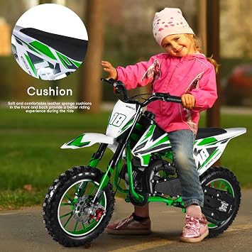50cc キッズ ダートバイク ガス駆動 2ストロークミニモトクロスバイク オフロード ダートバイク 8-14歳の子供用 フロント/リアディスクブレーキ付き 衝撃吸収 ソフトシートクッション