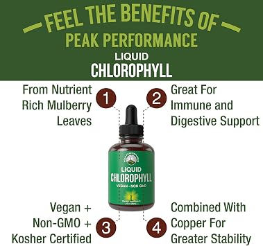 Chlorophyll Liquid Drops - Ultra High Purity, Alcohol Free, Non-GMO, Gluten Free Liquid Chlorophyll Drops Supplement. Take with Water. Internal Deodorant + Skin Care, Immune, and Digestive Support