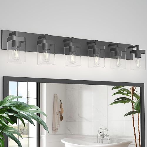 Miniatura 16 de Luz de Tocador de Baño, Diseño Cuadrado 5 Luces Modernas Accesorios de Iluminación de Baño Sobre Espejo, Luz de Tocador Negra para Sala de