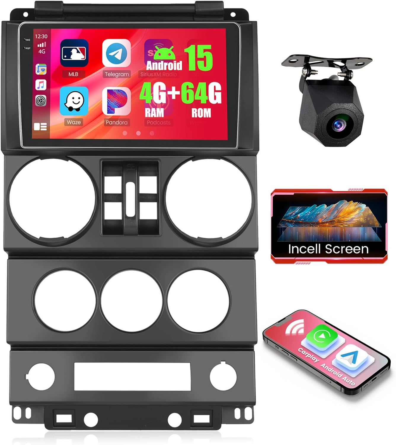 4+128GB Android 15 Car Radio for Jeep Wrangler 2008 2009 2010 (4 Doors) Wireless Carplay Android Auto, Realdio 9" 1280 * 720P in-Cell Touch Screen Stereo WiFi Bluetooth GPS FM/RDS EQ Backup Camera