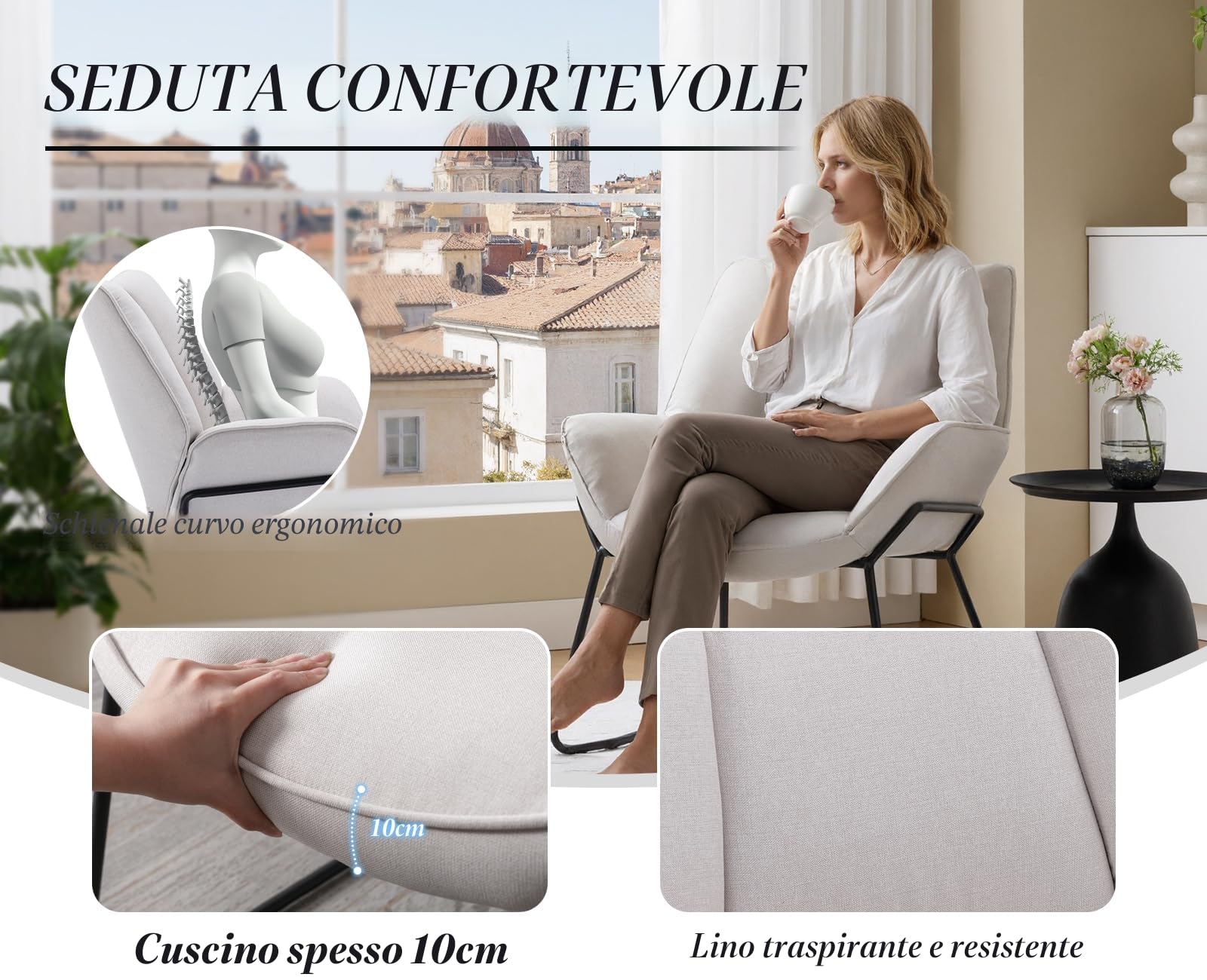 chairus Poltrona Salotto Poltrona Imbottite in Tessuto di Lino Poltroncina da Salotto con Braccioli Poltrone Moderne con Gambe in Metallo per Soggiorno/Camera da Letto, Beige