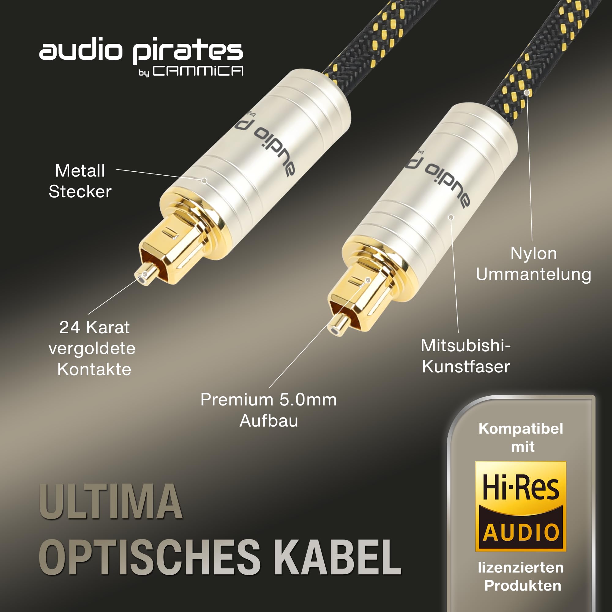 audio pirates by cammica optyczny TOSLINK kabel światłowodowy, Toslink & kabel cyfrowy | kabel cyfrowy SPDIF OD: 5,0 mm z osłoną i pozłacanymi stykami (1 sztuka – 1 metr)