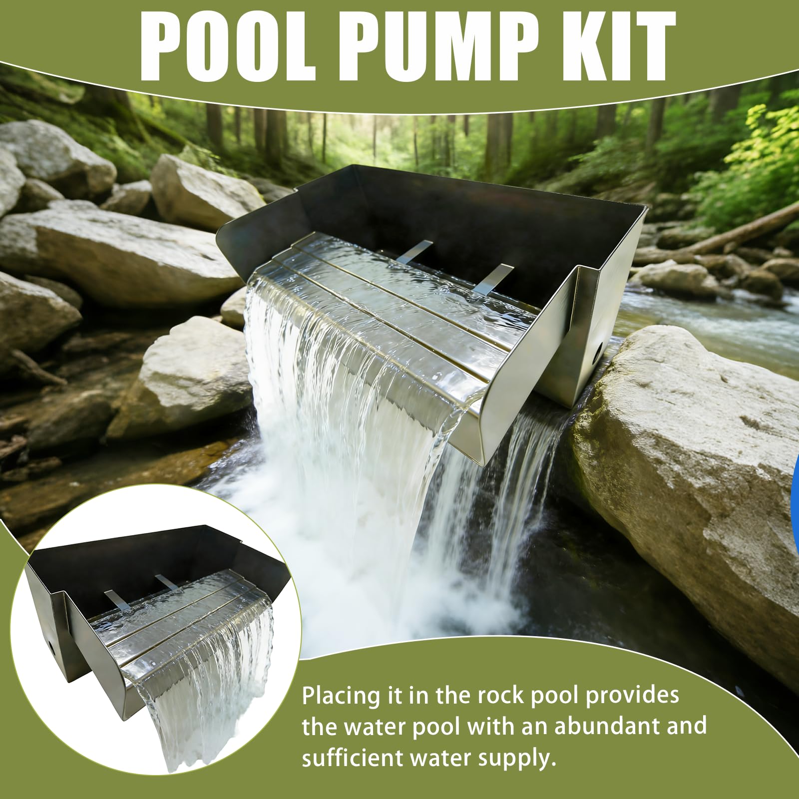 Teich Wasserfall für Gartenteich, 30CM Edelstahl Teichwasserfall Set Garten Teich Brunnen 304 Edelstahl 45W 3000 L/H mit Wasserfall Deko Garten Teich Wasserspiel Patio Terrasse Außente