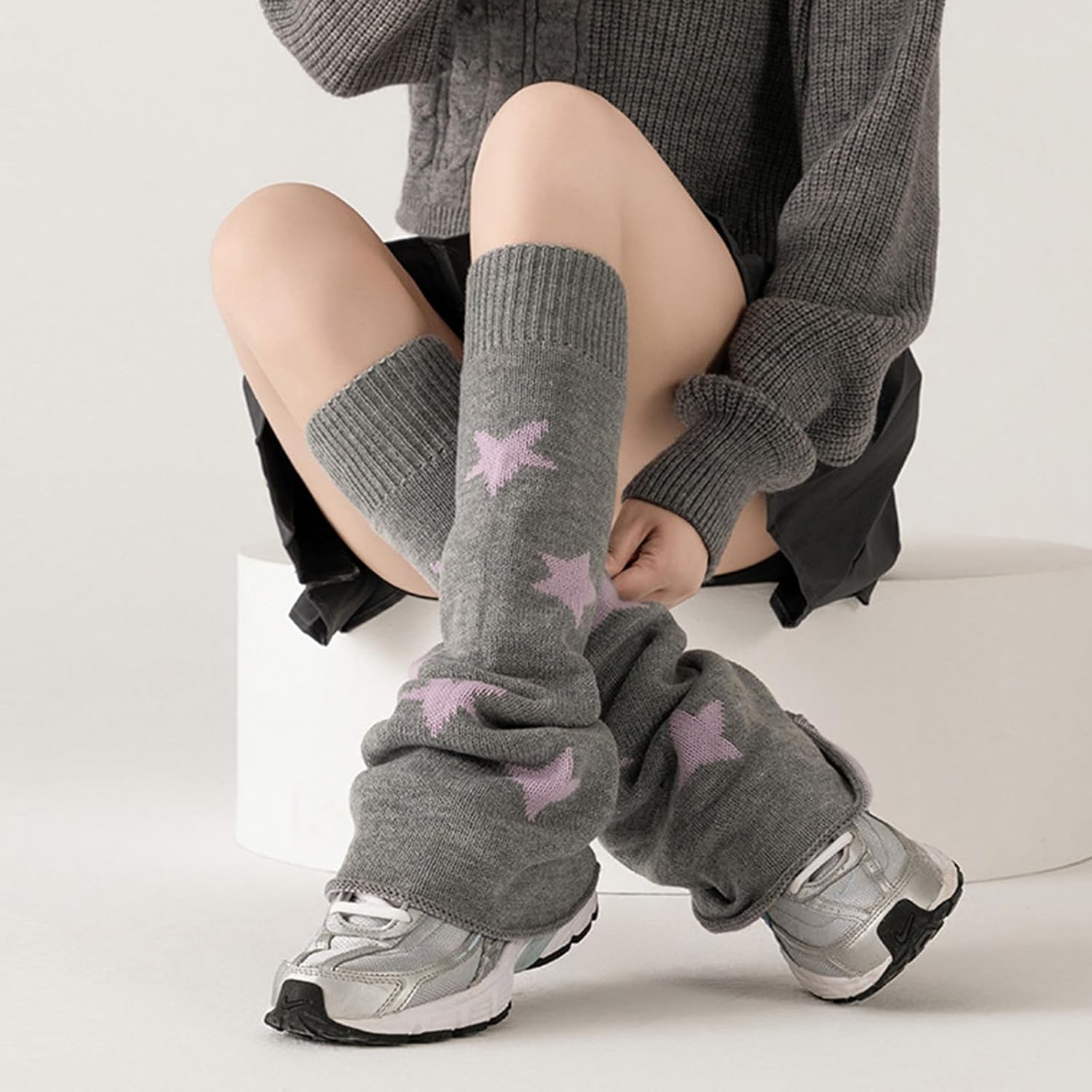 WODECASA Women's Leg Warmers Striped Star Pattern Knitted Y2k Punk Japanese Kawaii Streetwear Harajuku Knee High Leg Socks - Image 4